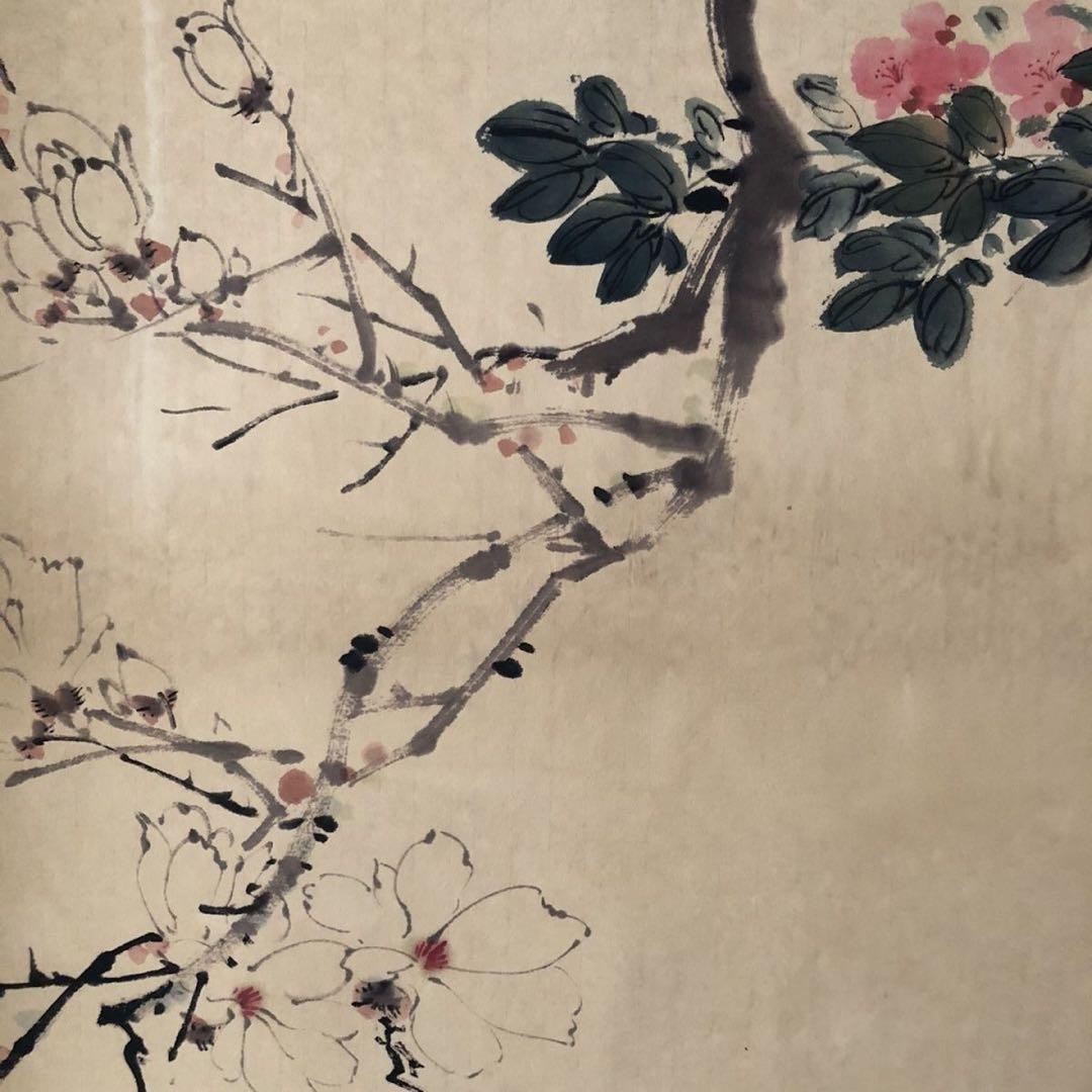 三尺中堂 中国近代 花鳥画 并栖花間 掛け軸 顔伯龍 紙本・表装済み