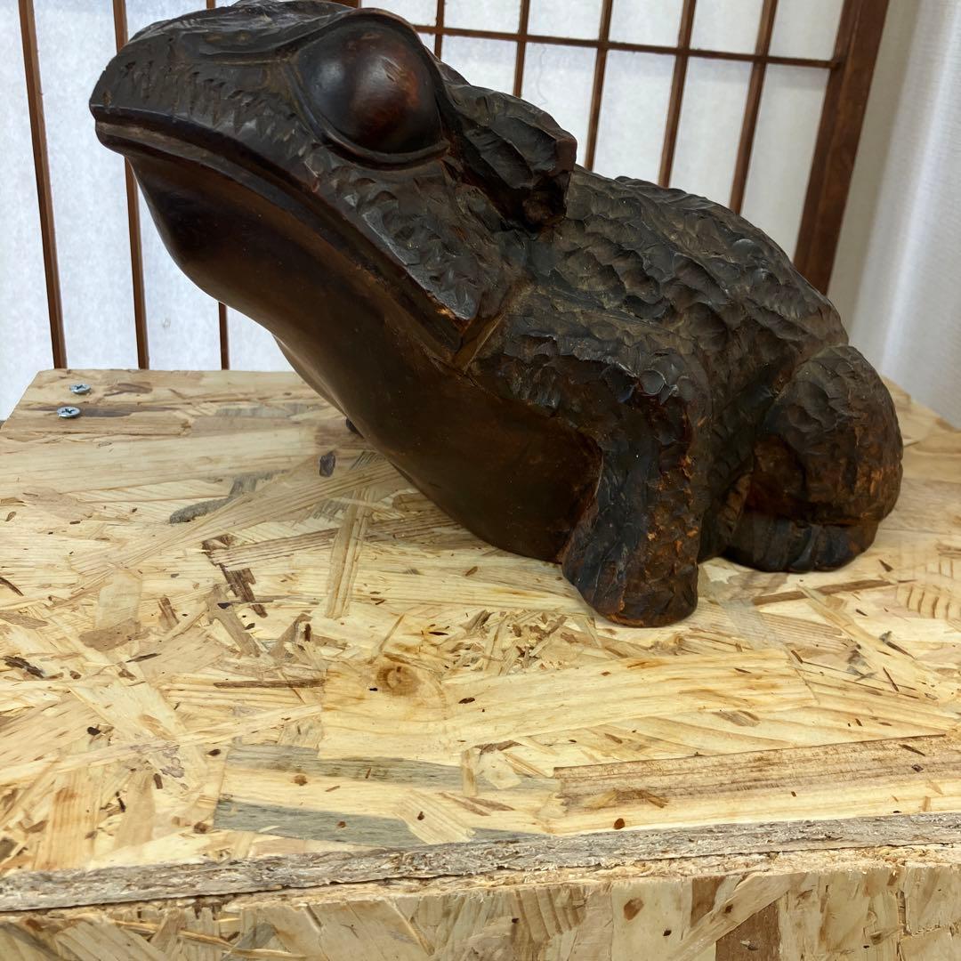 骨董品　福かえる　木彫　かえる　昭和20年頃の作￼N 37kE