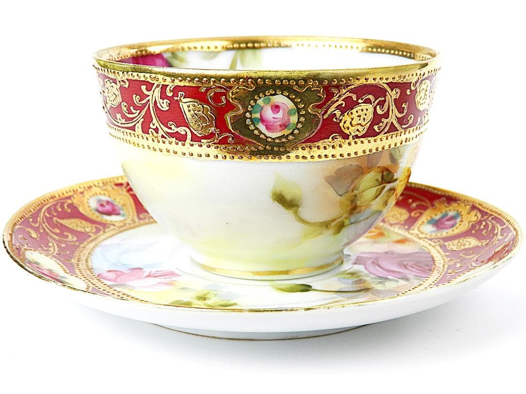 オールドノリタケ 金彩紅地 薔薇絵 カップ ソーサー アンティーク