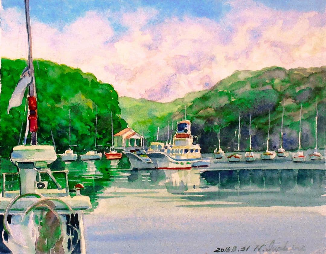 水彩画 港の風景 N. Iwakiri2016年原画F6サイズ