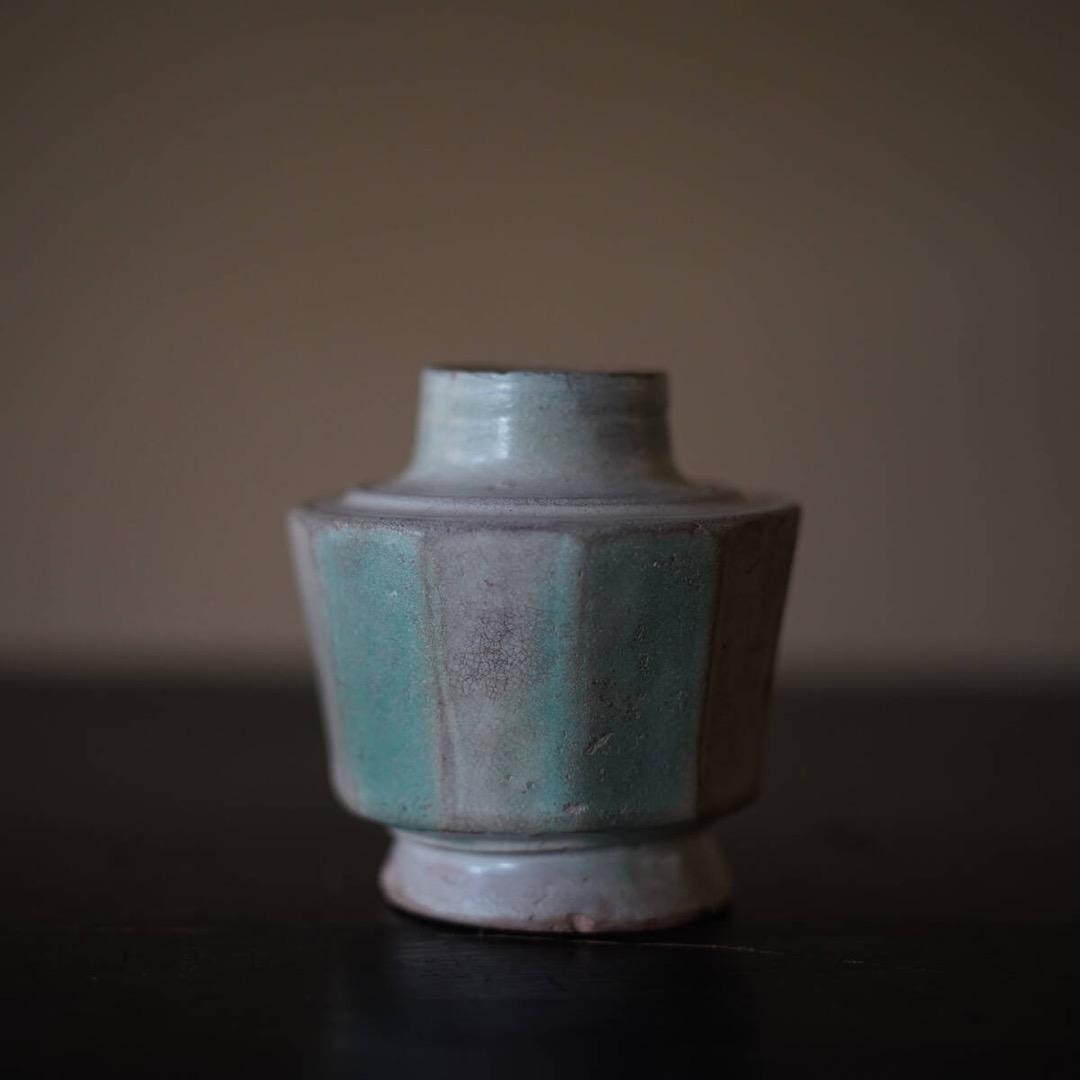 15-16世紀ビルマ 白錫釉緑彩面取小壺 / 仏教美術 鉛釉 香炉 花入 花器