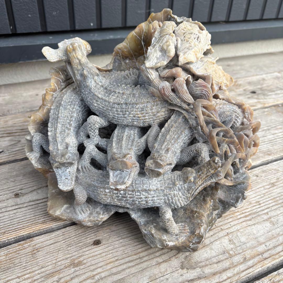 中国骨董 ワニ 置物 彫刻 天然石 オブジェ レトロ ジャンク ワニ群像 置物