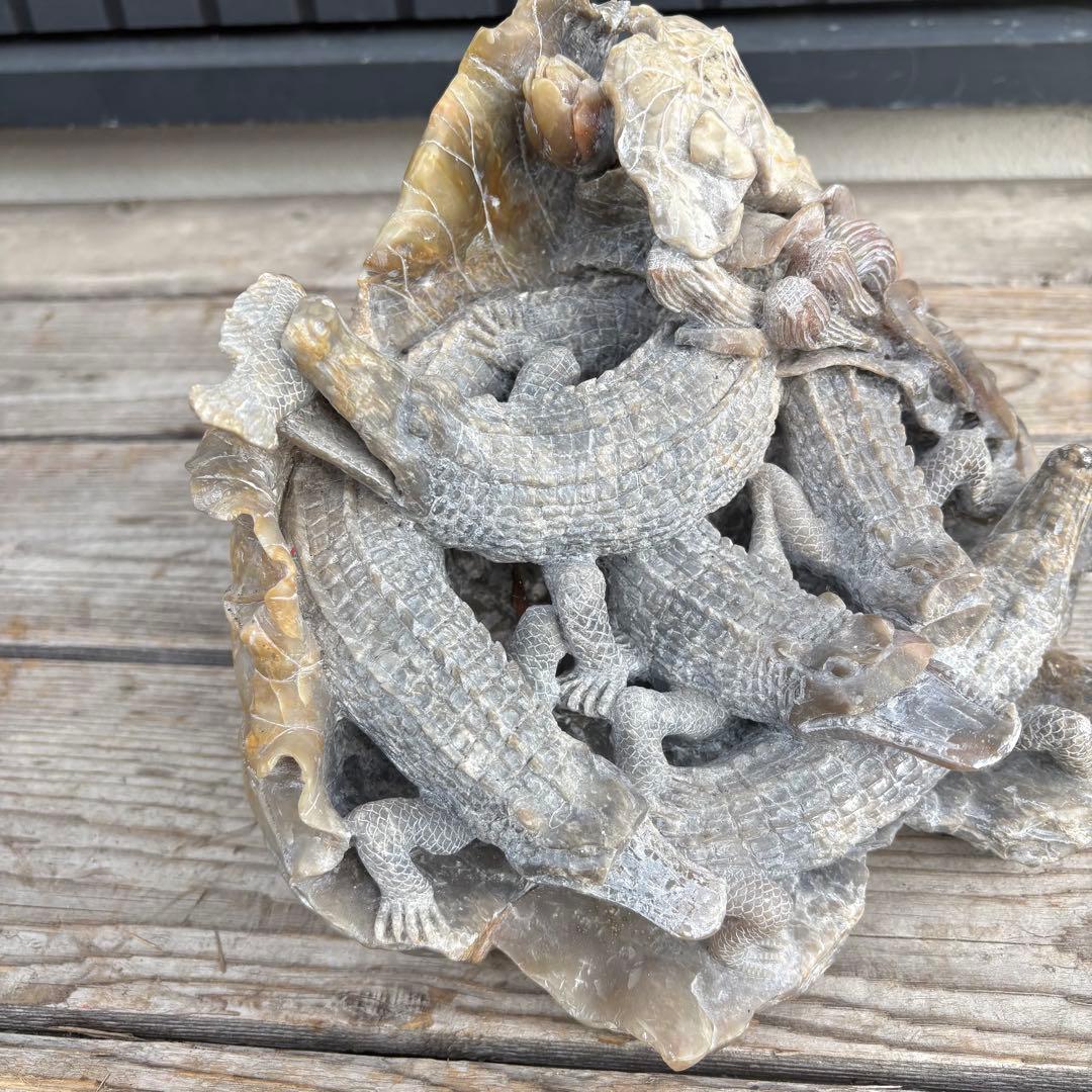 中国骨董 ワニ 置物 彫刻 天然石 オブジェ レトロ ジャンク ワニ群像 置物