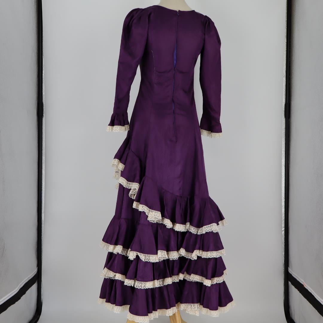 【美品 フラメンコ衣装】光沢パープル×柄×レース地 ドレス Flamenco