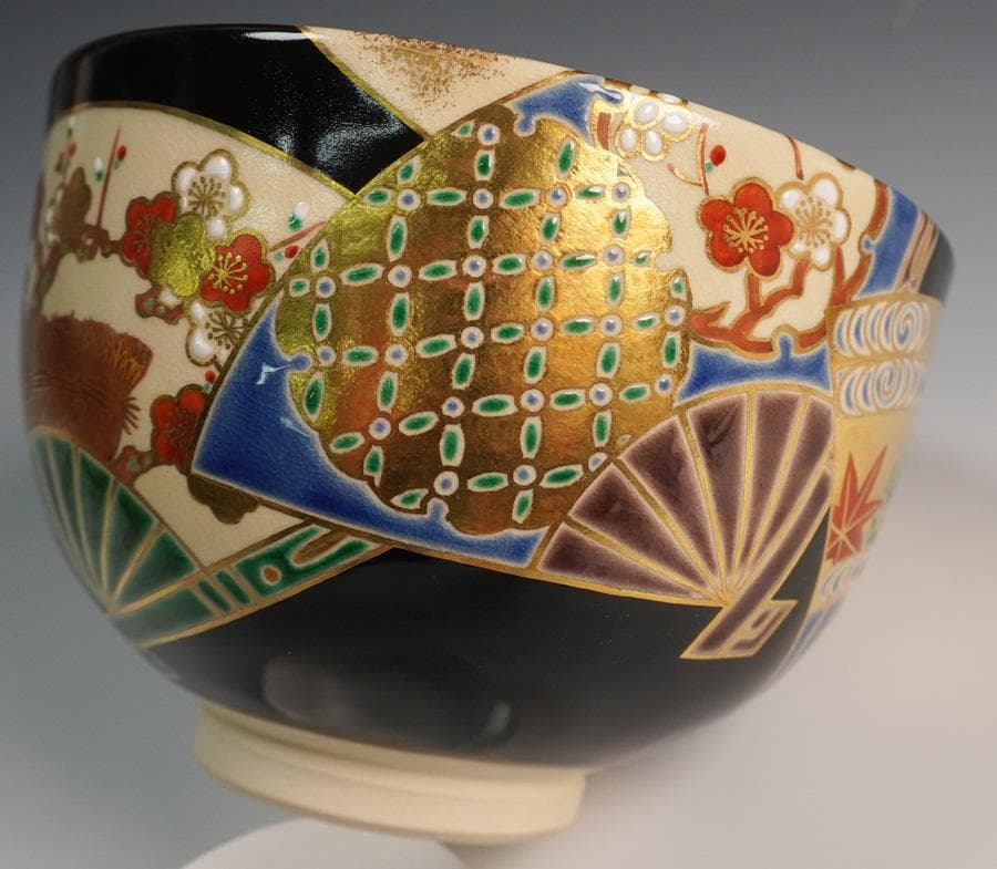 八世 高橋道八 黒釉扇面之図茶碗 共箱 茶道具