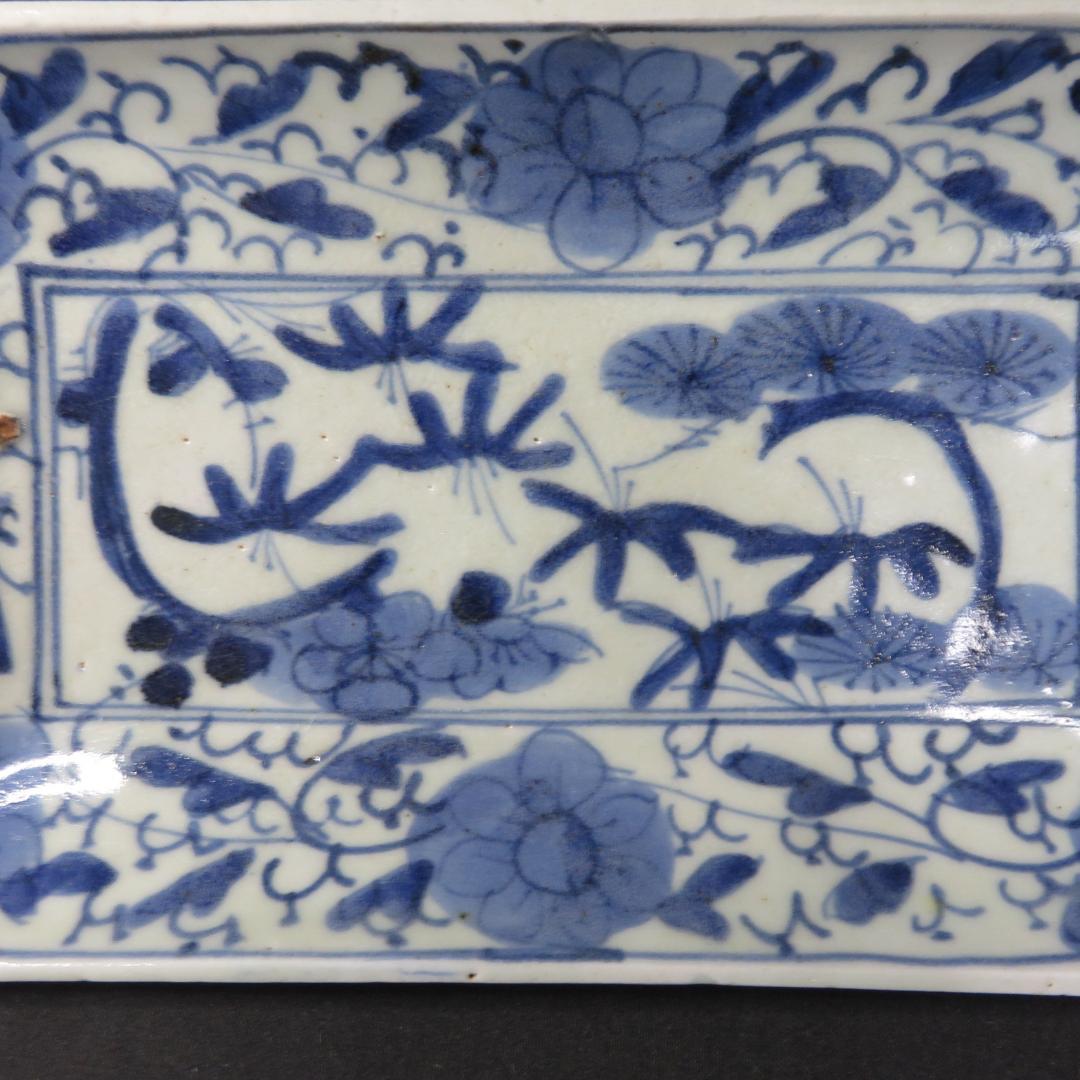 長皿 染付 3枚 窯傷 歪み 古伊万里