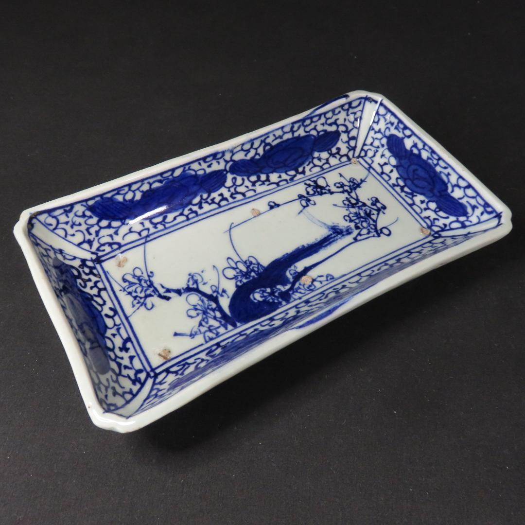 長皿 染付 3枚 窯傷 歪み 古伊万里