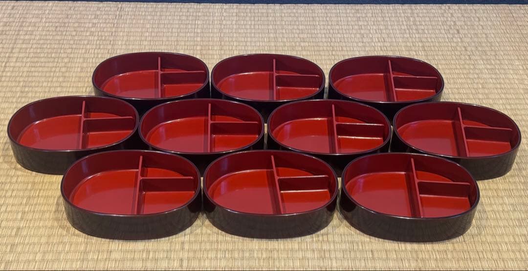 輪島塗 角藤漆器店謹製 溜塗小判型弁当箱 10客 共箱