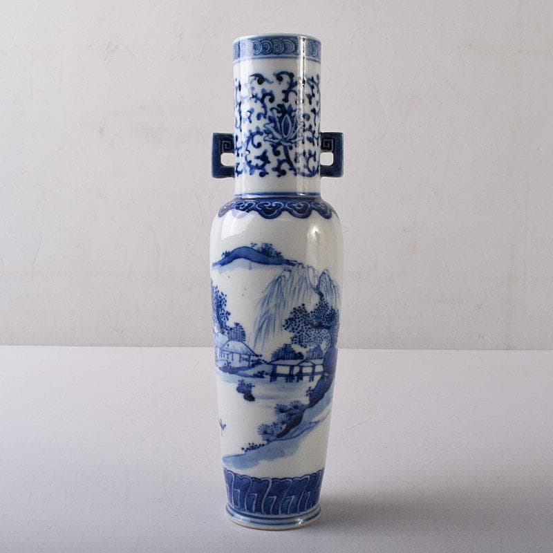 したん　中国　青花　花唐草山水文　双耳瓶　在銘　時代箱　V　R8594