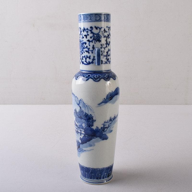 したん　中国　青花　花唐草山水文　双耳瓶　在銘　時代箱　V　R8594