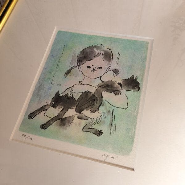 画家 絵本作家 荻太郎 画伯 作 少女と黒猫 24/100部 限定 リトグラフ