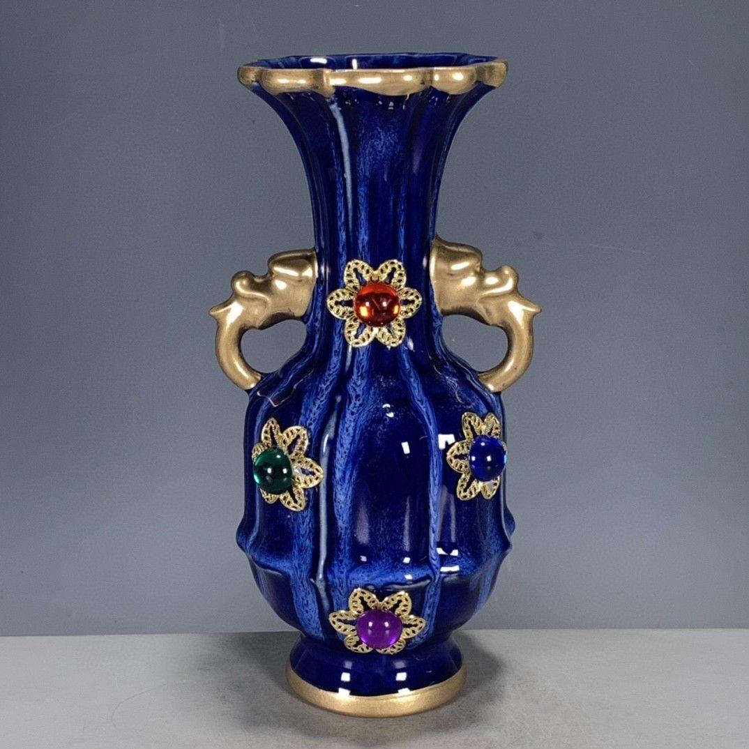 孔雀藍蒔絵象眼宝石両耳花瓶  景徳鎮 陶磁器 装飾品 現代工芸品 美術品 置物
