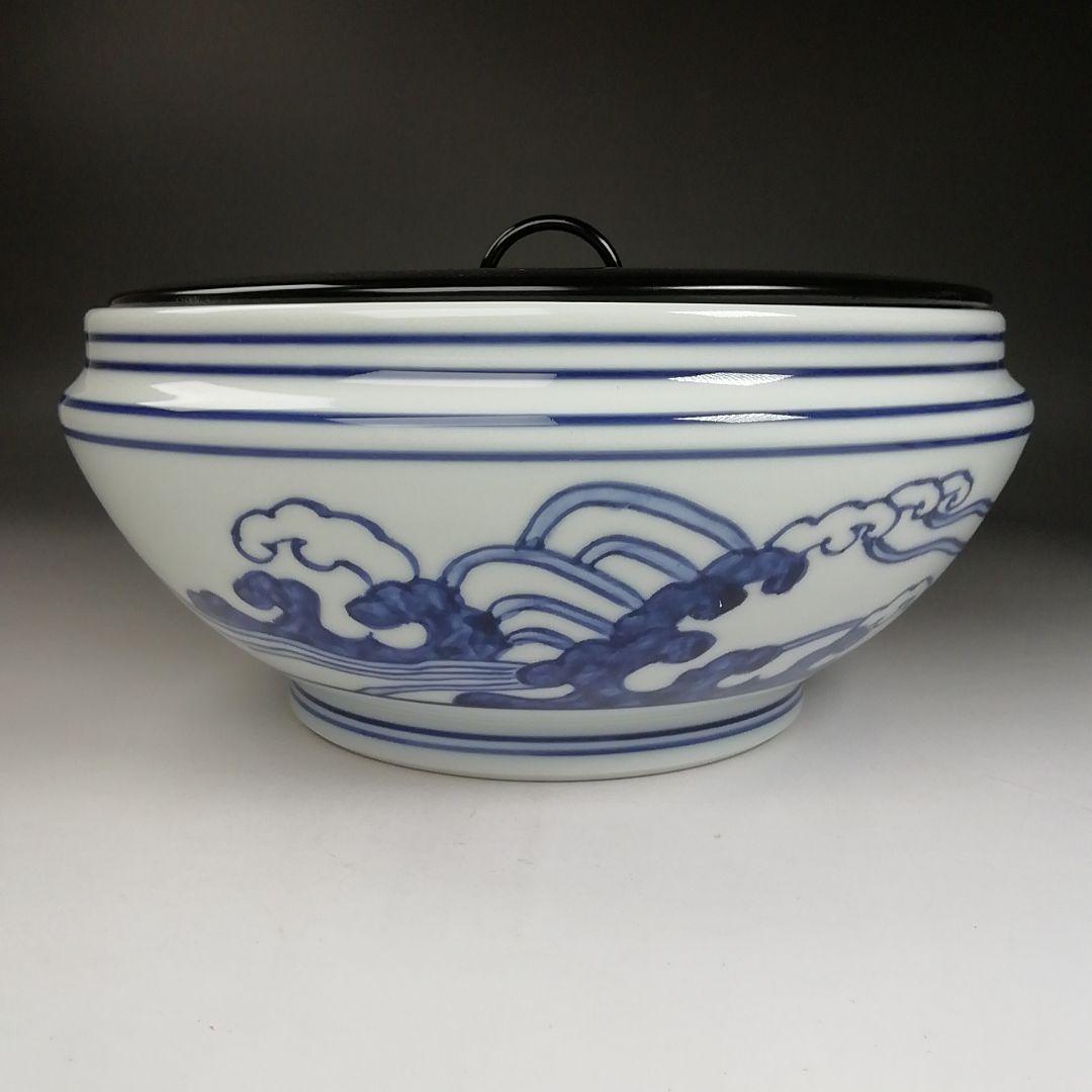 Ｗ３２　水指　『染付　桜川』『押小路窯　庄左ェ門』　共箱　茶道具