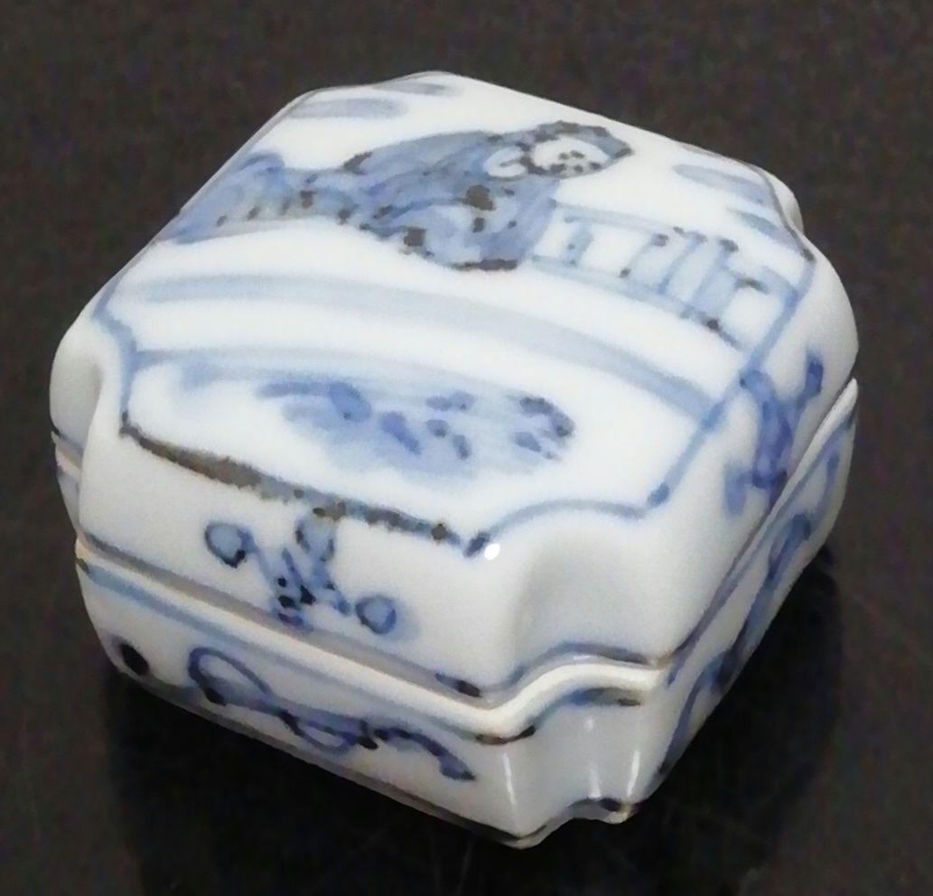 須田青華作　九谷焼　染付　呉須　周茂赦　香合　共箱　略歴付　茶道具