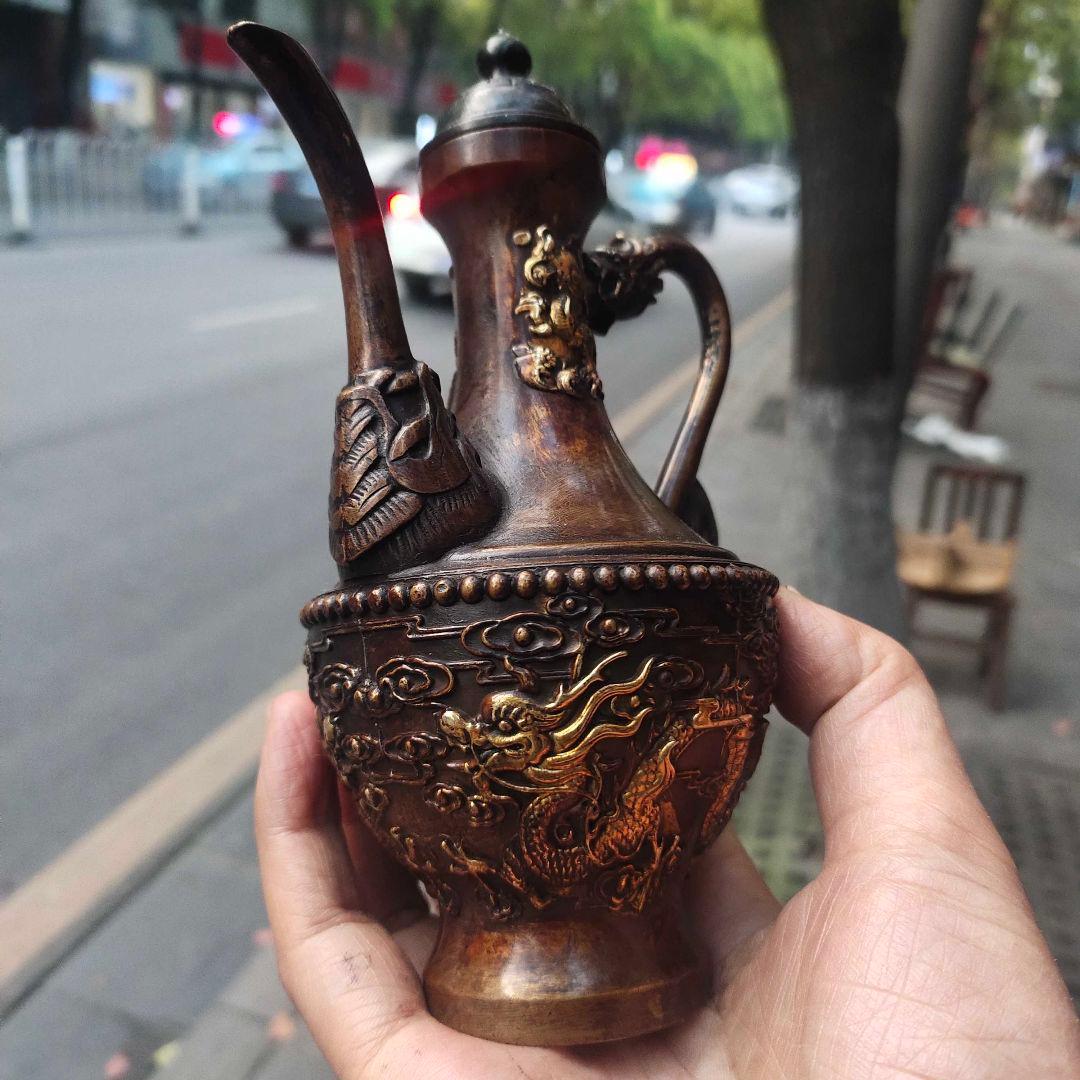 銅器 双龍酒壺 茶壺 家庭 茶道 工芸 置物