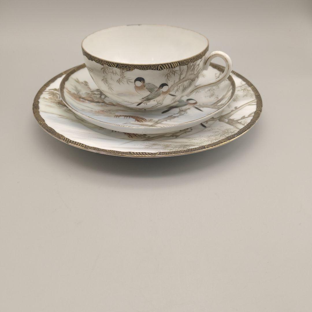 明治時代　大日本　高坂造　横浜焼　 エッグシェル　トリオ　里帰り　花鳥図