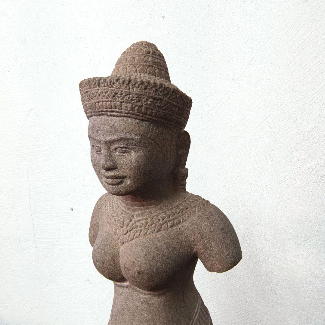 クメール　女神像　砂岩　彫刻　オブジェ　レプリカ　H39cm