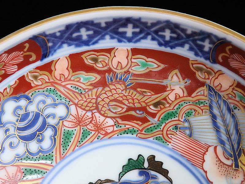 大聖寺伊万里　金襴手　鶴に吉祥紋の図　５寸半皿　041AS-CAl