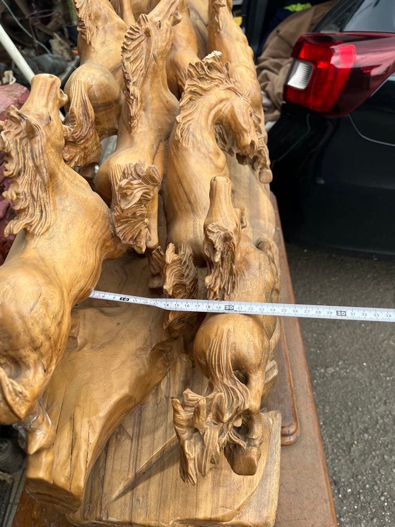 馬の木彫り、木彫り馬、特大95センチ馬群、特大木彫り馬群、９頭の馬、一刀彫り馬群