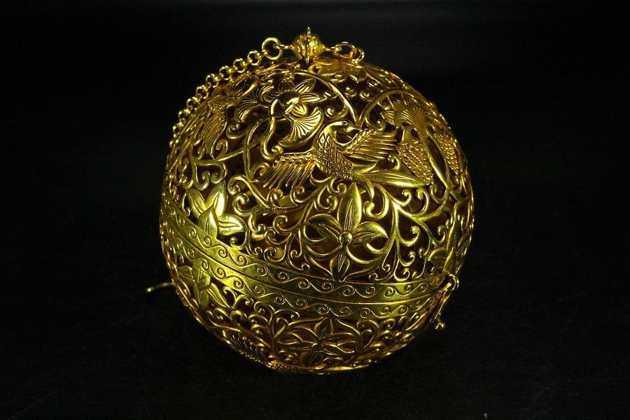 香道具 鍍金 纏枝蓮花 鳳紋透かし 吊り香炉 球香炉 唐物(K-YC347-2)