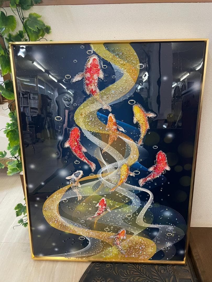 水晶絵　アートパネル　昇り鯉　鯉の滝登り　鯉　コイ　クリスタル　絵画　アート