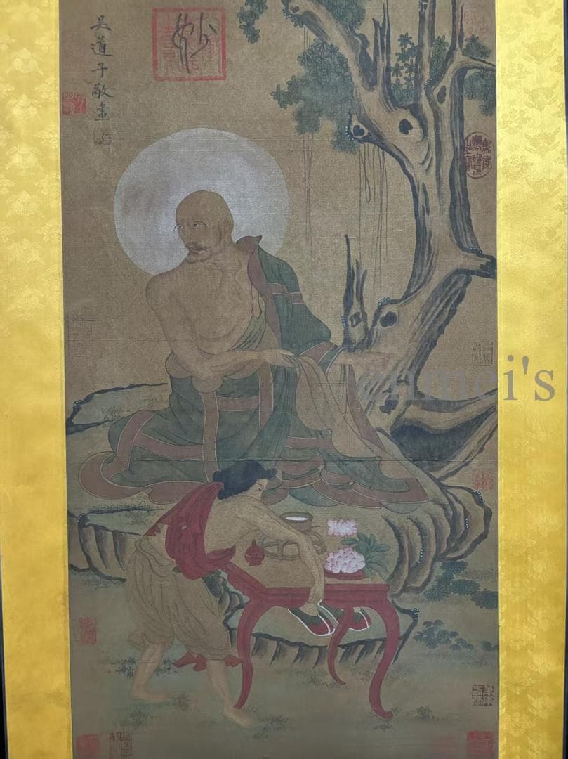 中国古美術 清時代 絹本手描き 呉道作款 羅漢図 三尺 牙軸 古玩 水墨画 掛軸