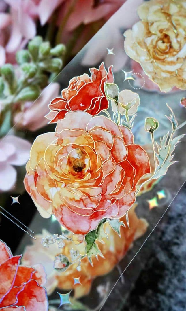 巻売 467★ 海外 マスキングテープ マステ PET 装飾 花 銀ホロ