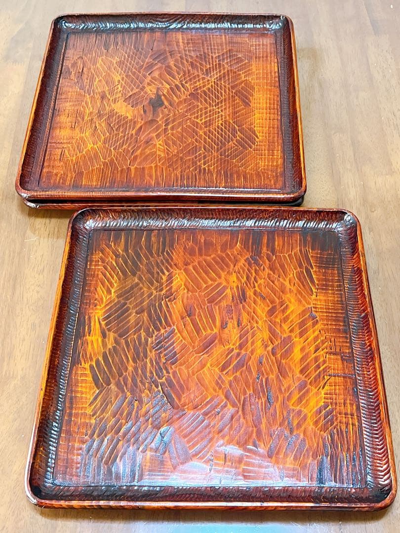 時代物 お膳 讃岐彫り 正方形 お盆 アンティーク 漆器 トレー 木彫り ３枚組