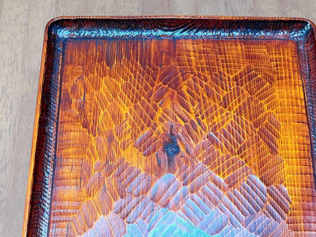 時代物 お膳 讃岐彫り 正方形 お盆 アンティーク 漆器 トレー 木彫り ３枚組