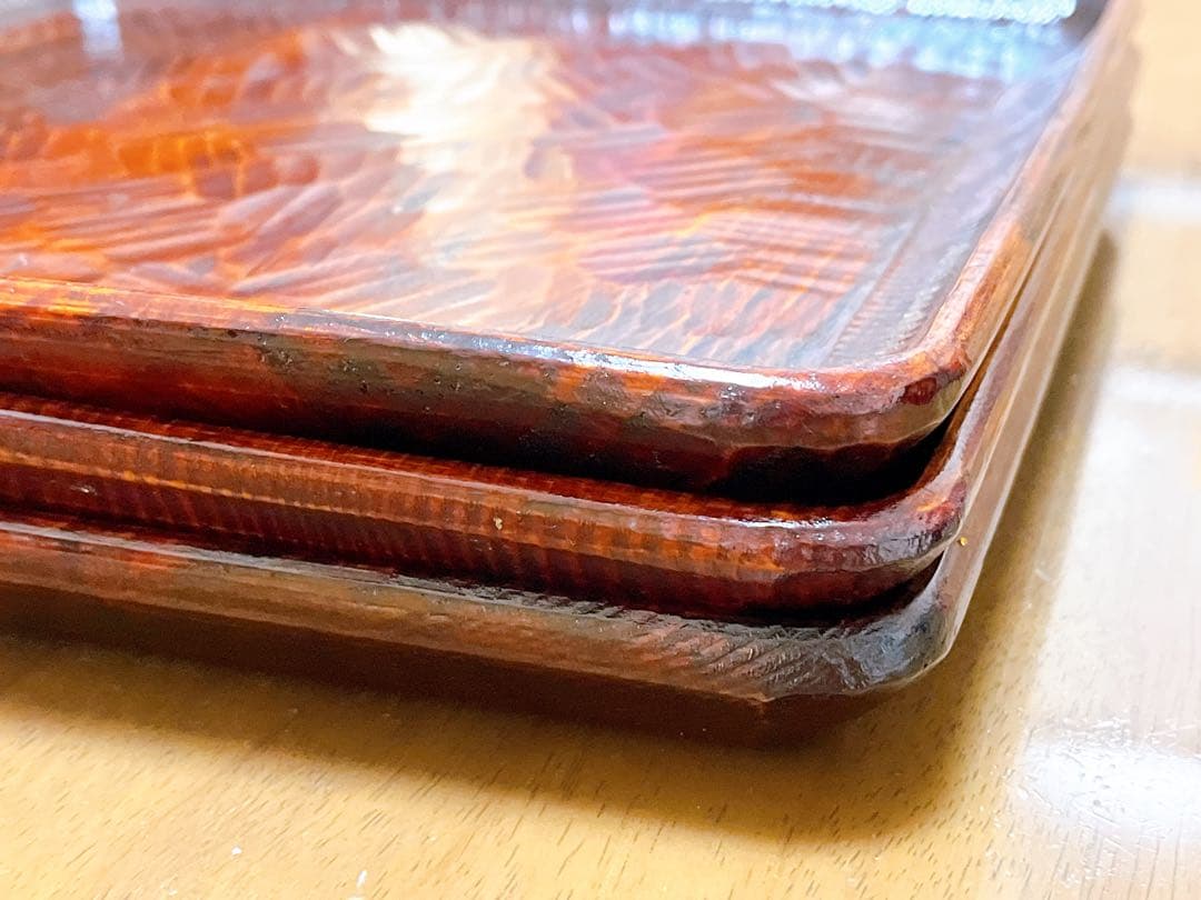 時代物 お膳 讃岐彫り 正方形 お盆 アンティーク 漆器 トレー 木彫り ３枚組