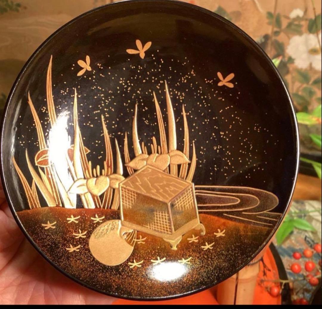 A1061 木製輪島塗　懐石道具　衝羽根に流水菖蒲　蒔絵　2客