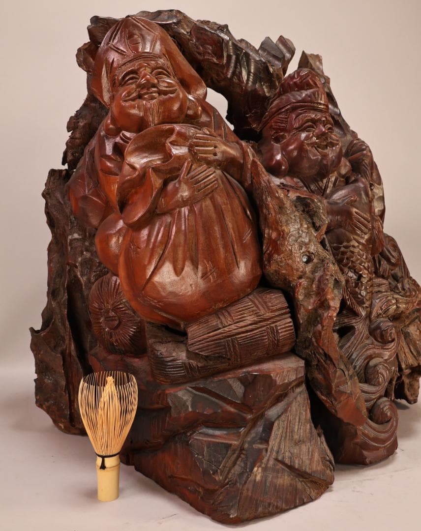 BK238　木彫　恵比寿像　大黒像　東洋彫刻　仏教美術　置物　床飾り　オブジェ