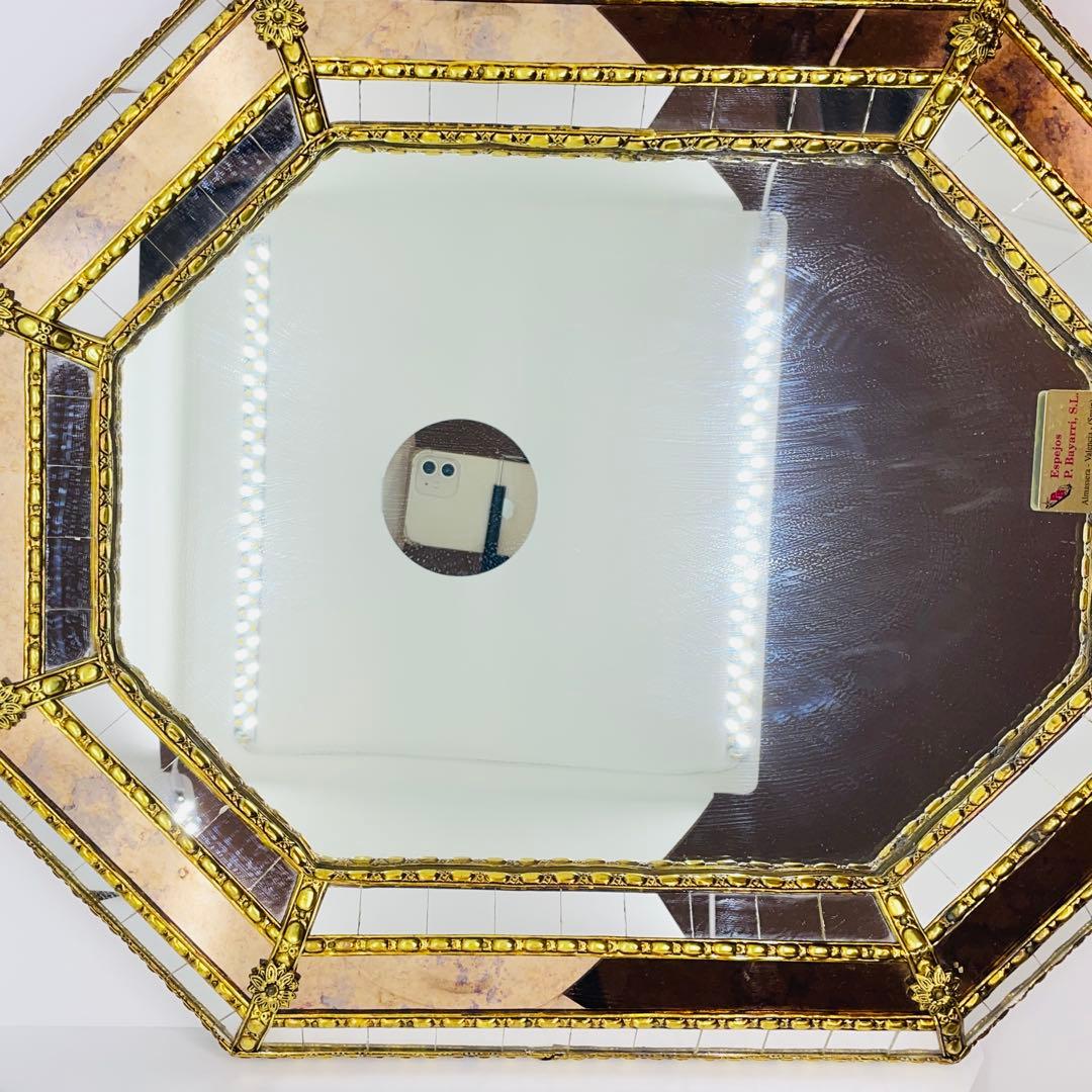 スペイン製 アンティーク 八角形 鏡 ミラー 金属枠 壁掛け ヴィンテージ 装飾