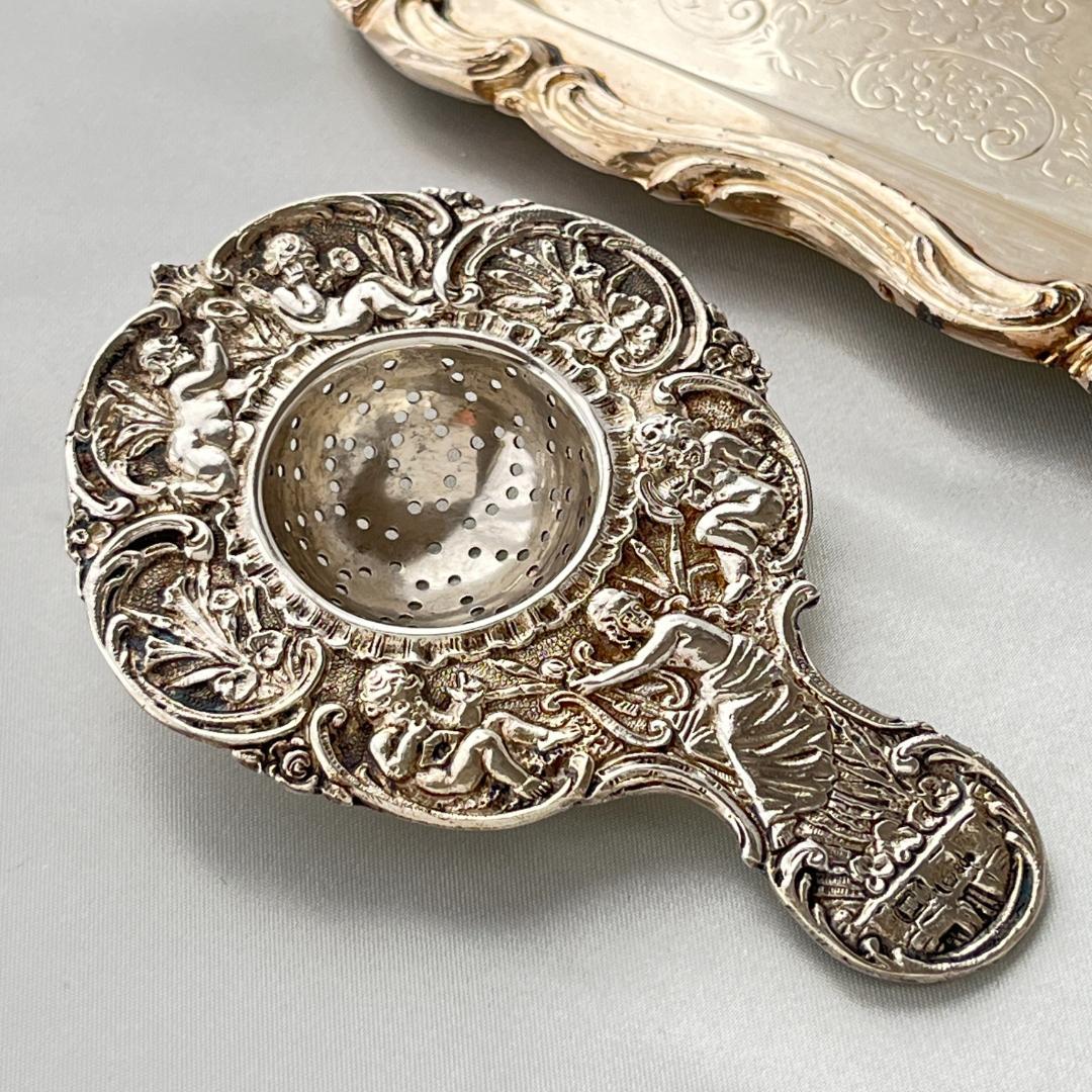 【ドイツ】 天使とチェラブのティーストレナー【純銀】11cm 42g