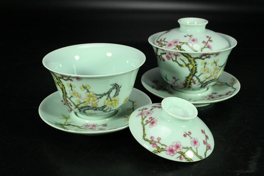 中国美術 粉彩 花鳥画 蓋碗 皿 一対(K-HA502)