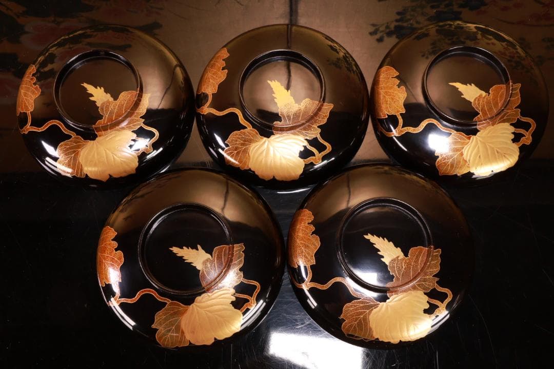 turu　BJ023 時代輪島塗　鬼灯図金蒔絵　吸物椀　八客　木製