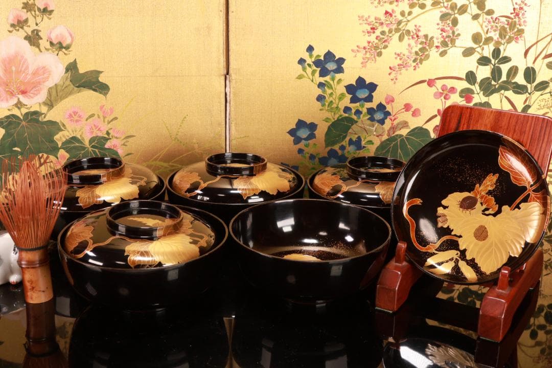 turu　BJ023 時代輪島塗　鬼灯図金蒔絵　吸物椀　八客　木製