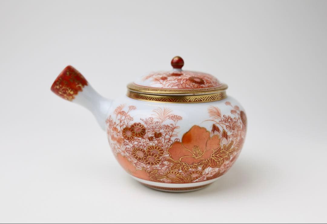 九谷焼 金城竜山 九谷竜山 金彩 赤絵秋草 煎茶器 急須 煎茶道具 煎茶碗