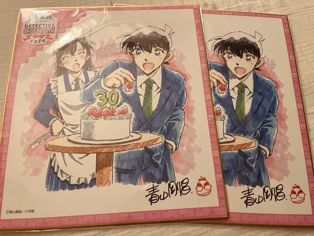 名探偵コナン 連載30周年記念カフェ スクエア缶バッジA・B コンプ／色紙 2枚