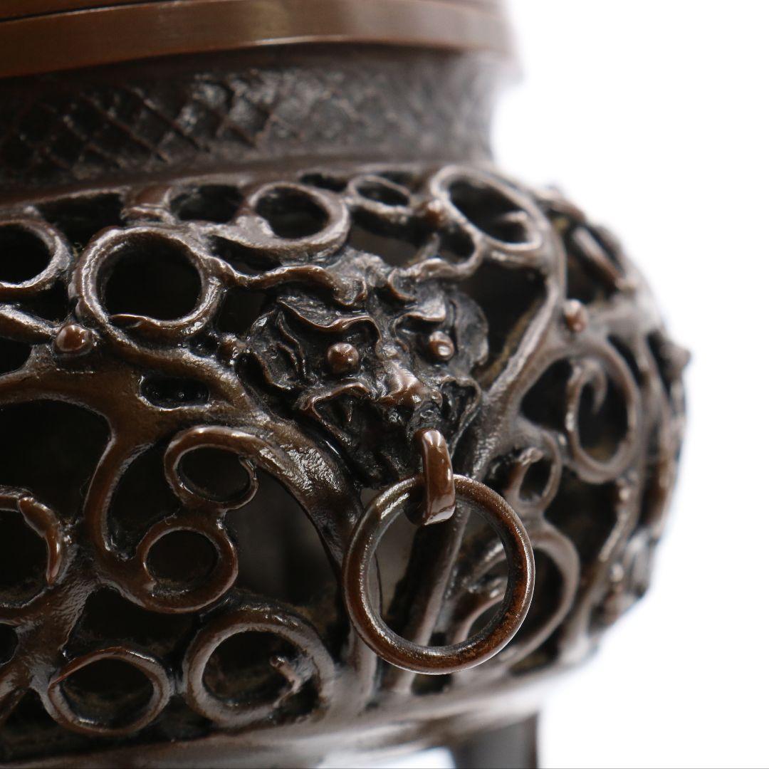 大森孝志造 蝋型青銅 唐子摘獅子透文香炉 共箱　N205　1FP8