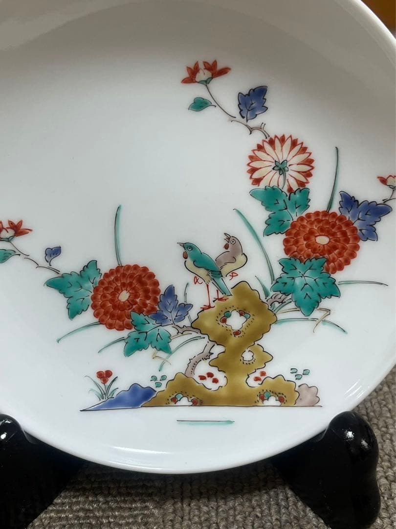 人間国宝 十四代 酒井田柿右衛門 錦菊鳥文額皿 栞 皿立 美品