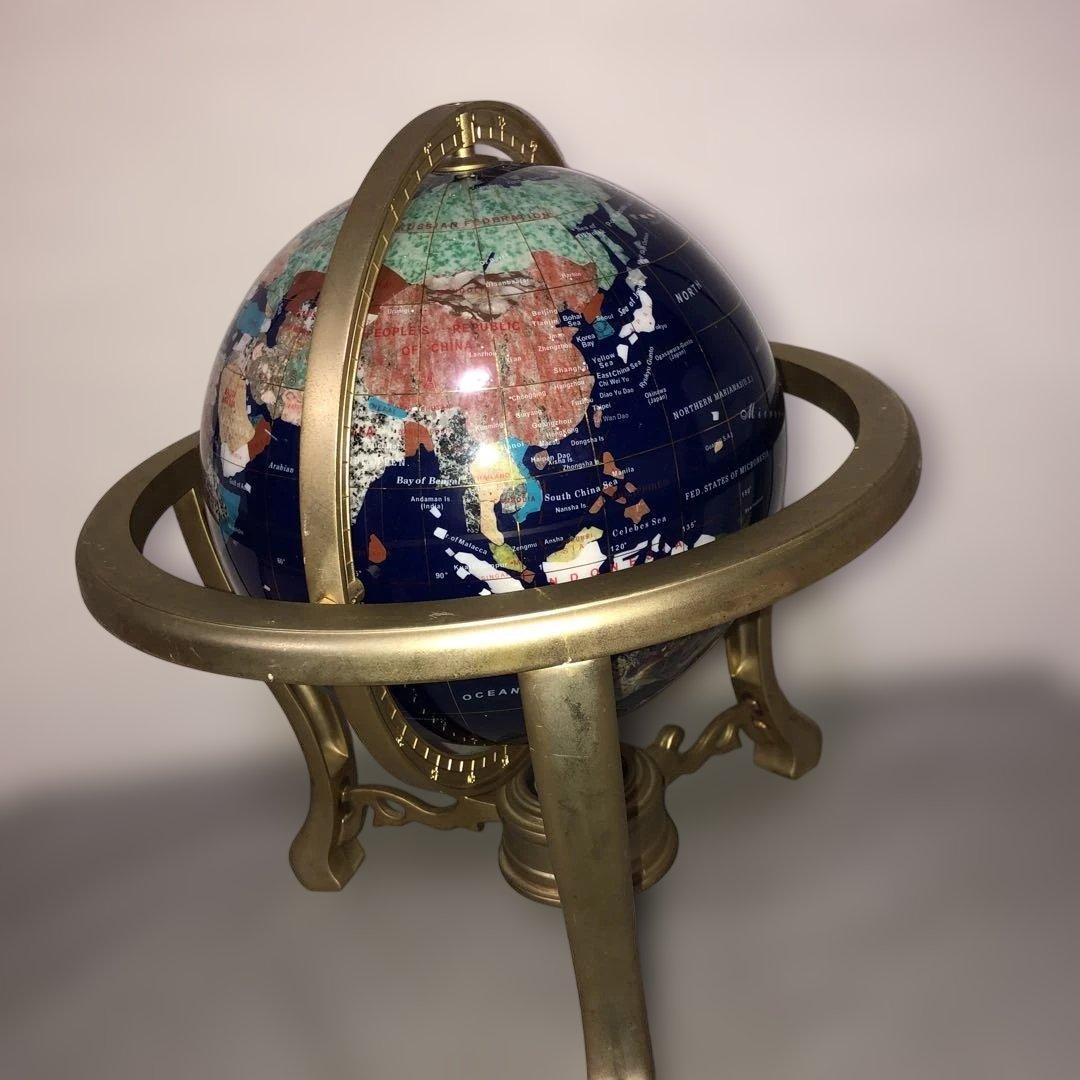 【アンティーク】天然石 地球儀 コンパス付　インテリア ラピスラズリ色