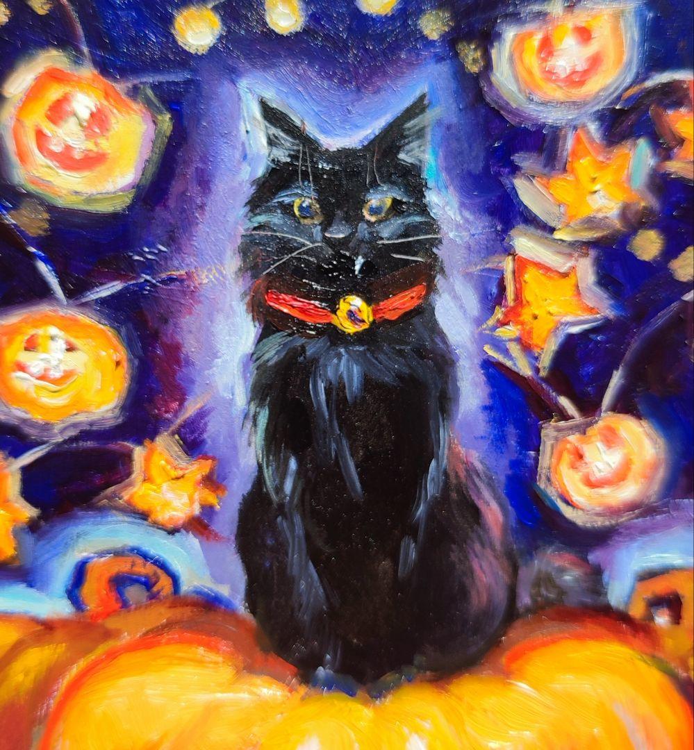 「ハロウィン　キャット」油絵　原画　オリジナル　１点物　絵画