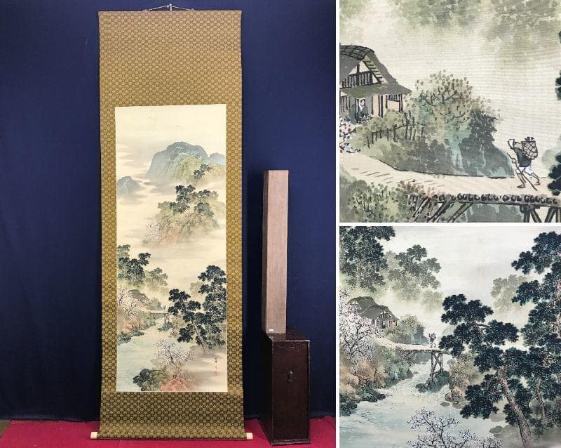 【真作】小林華光/春景山水図/掛軸☆宝船☆AD-530