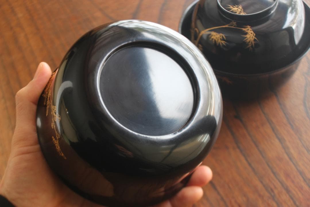 時代逸品！端正な時代黒漆に極上菊蘭蒔絵の映える四つ椀（検懐石道具蒔絵椀茶道具