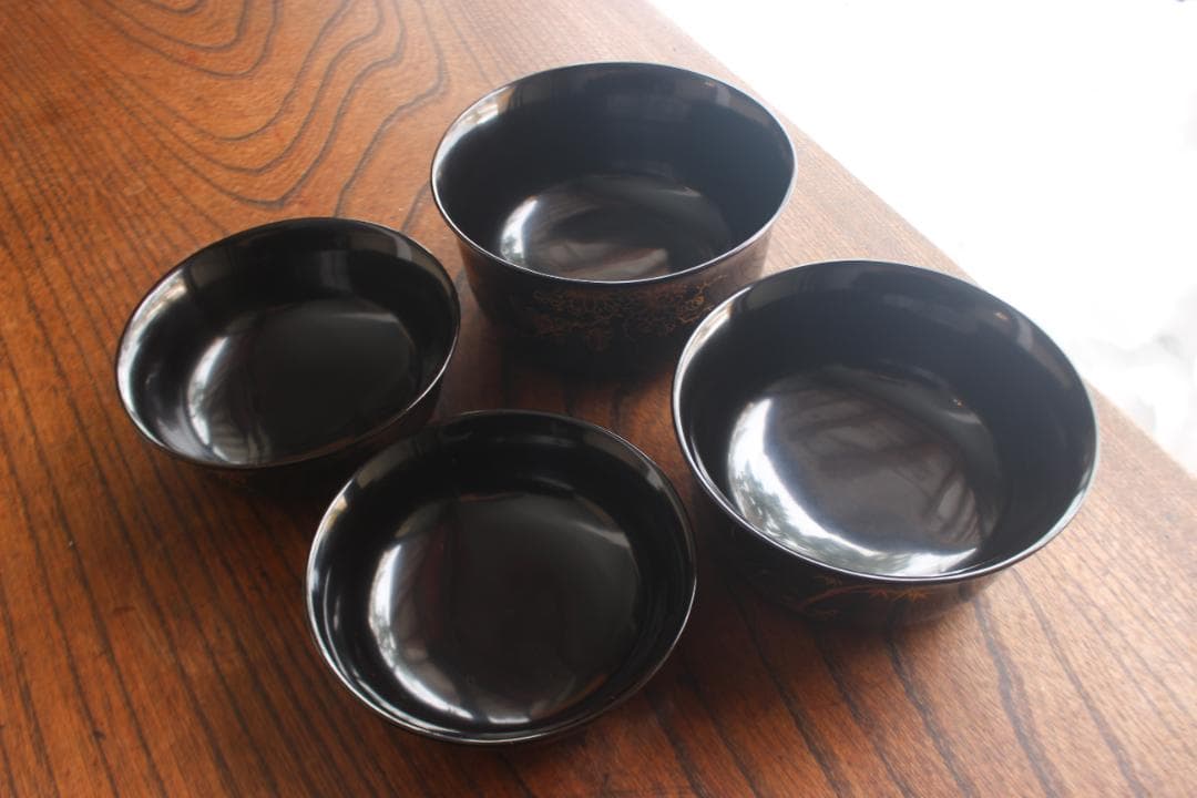 時代逸品！端正な時代黒漆に極上菊蘭蒔絵の映える四つ椀（検懐石道具蒔絵椀茶道具