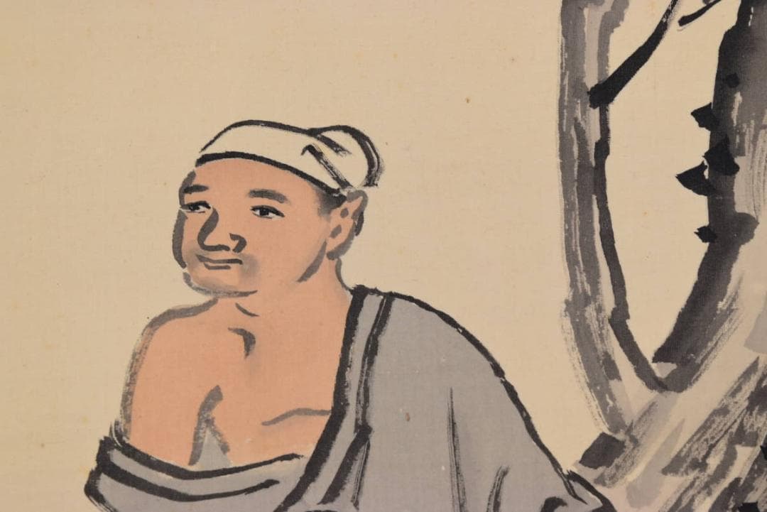 【真作】森春岳/柳に人物図/掛軸☆宝船☆AB-98