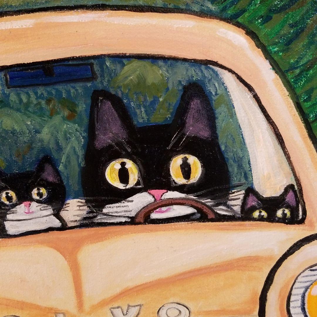 油絵　ボルボに乗る猫の家族