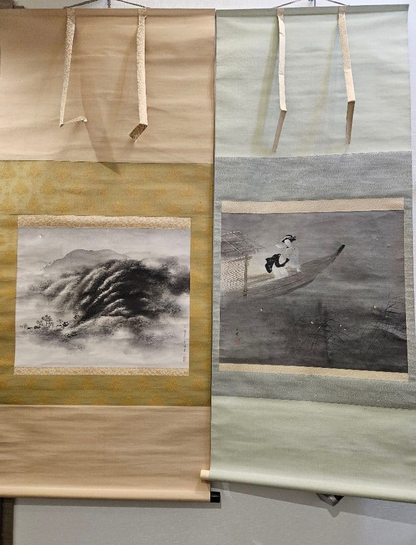 ​林文塘　 2点 ［蛍 に舟上美人図］［連峯］ 水墨画　掛軸 真作