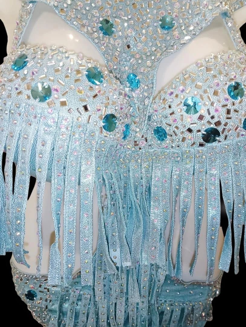 【新品Sale】エジプト製ベリーダンス セットアップ 水色 フリンジ